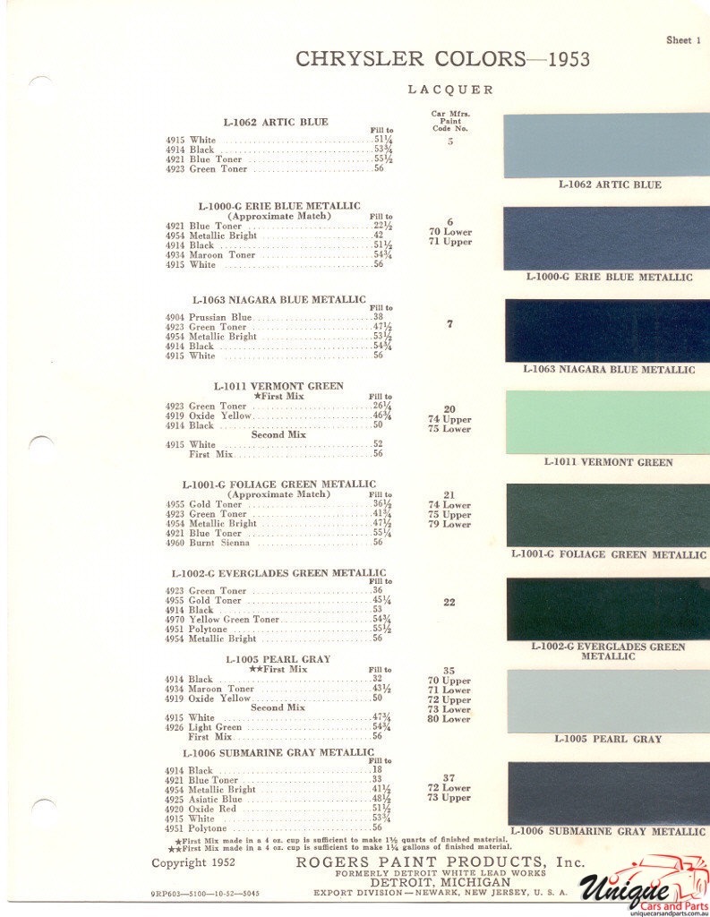 1953 Chrysler Paint Charts Rogers 1